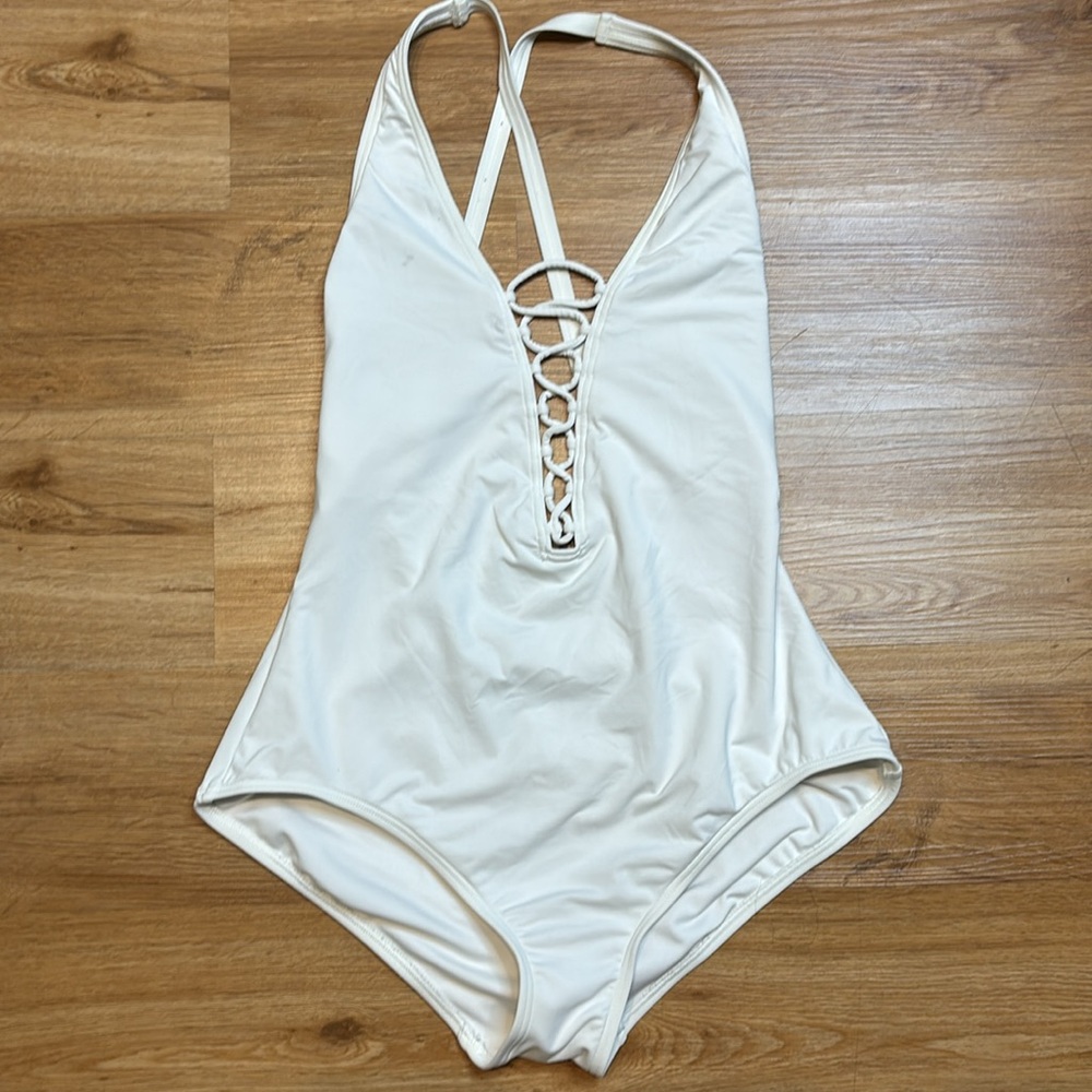 Michael Kors One Piece Swimsuit Lace Up Polyester Spandex White Women 12